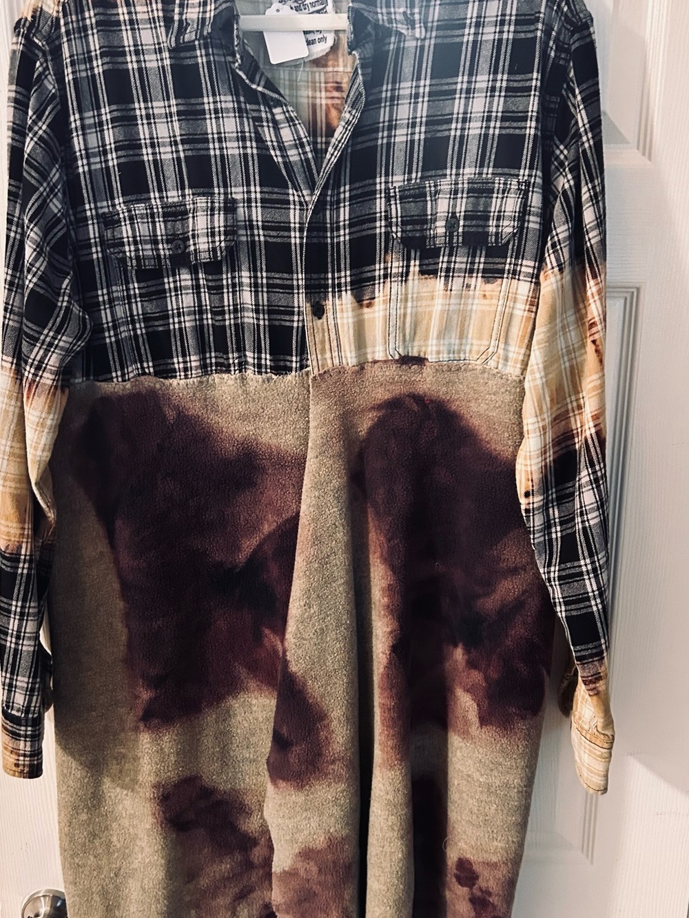 Women's Mixed Plaid & Tie-Dye Button Down Shirt Duster - Black, Brown, Cream